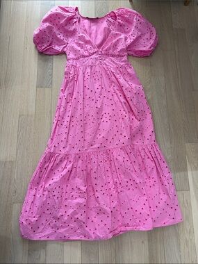 Zara Pink Eyelet Puff-Sleeve Midi Dress